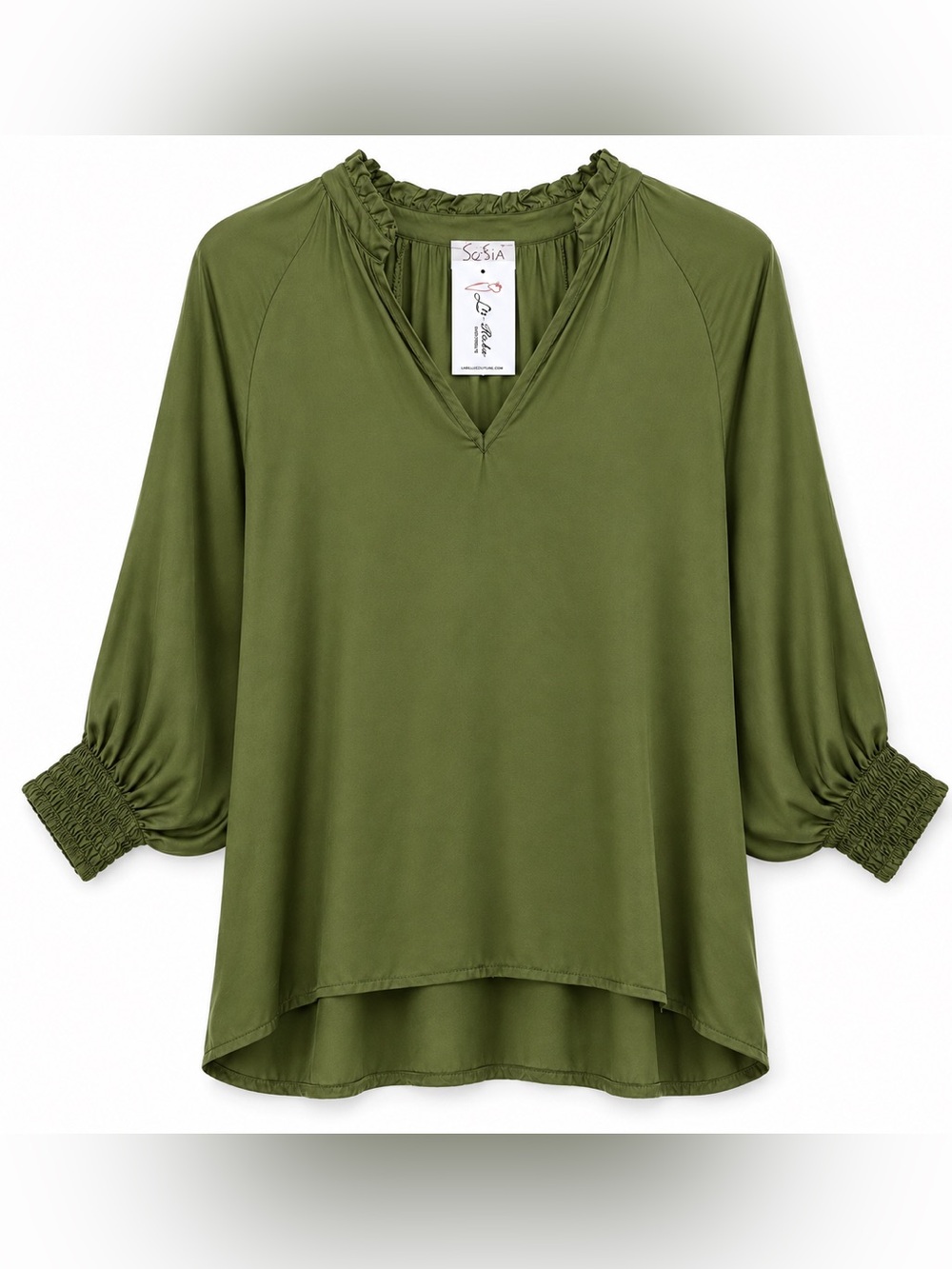Sofia | NWT Andrea Green Olive Made in Italy Italian Satin High Low V Neck Top M